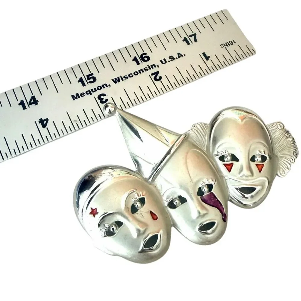 Vintage Silver Tone Triple Clown Theater Mask Enamel Brooch